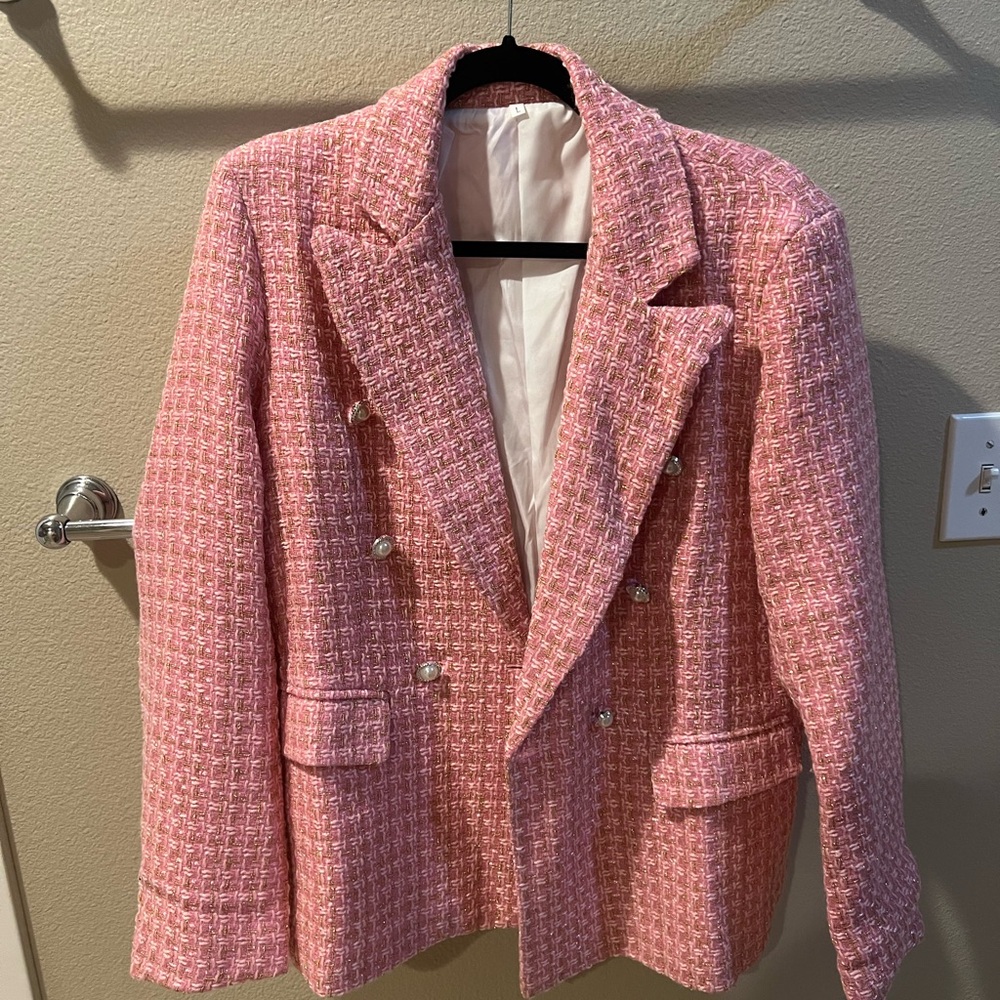 Pink Tweed Double-Breasted Blazer